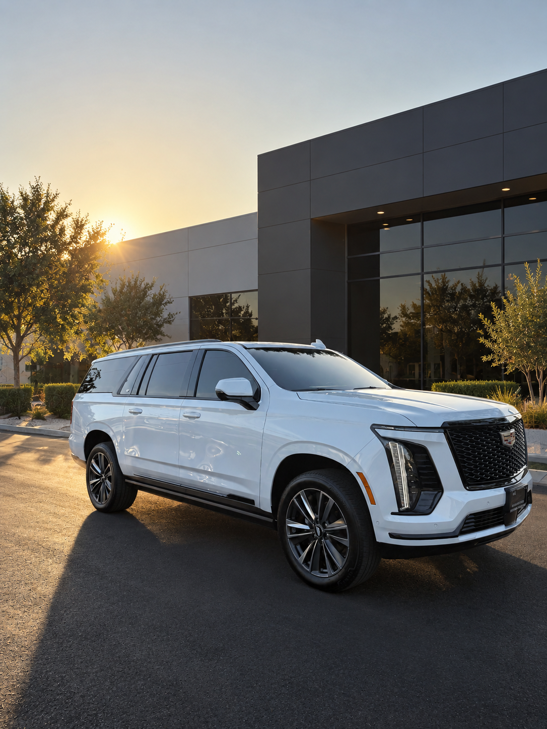 White Cadillac Escalade with dark window tint at golden hour