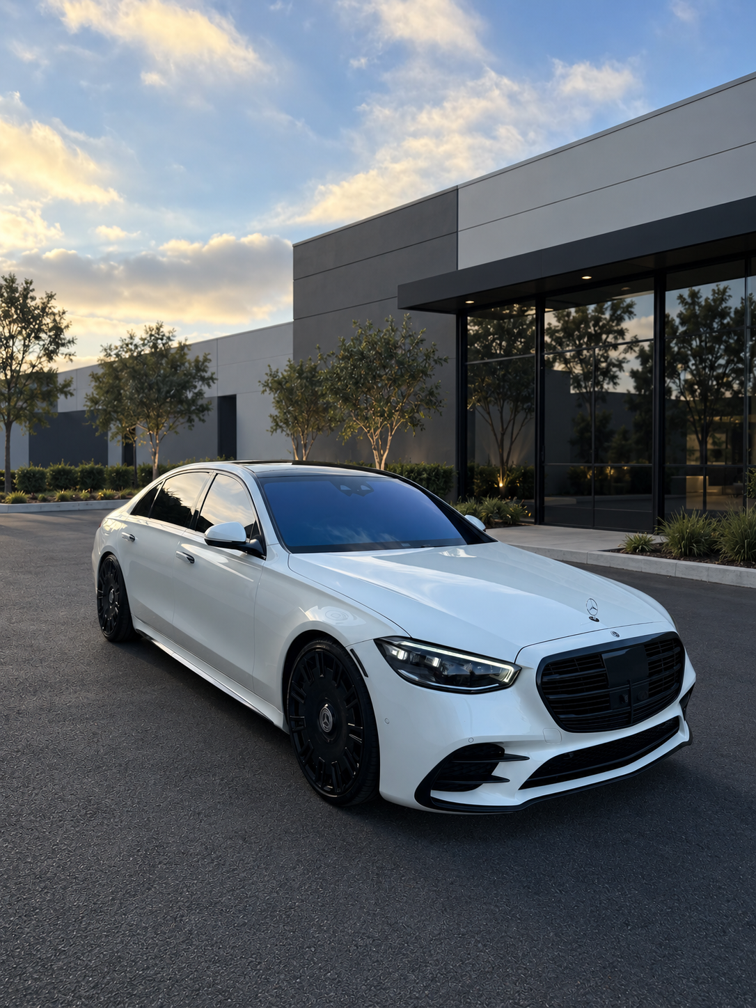 White Mercedes-Benz S-Class with tinted windows